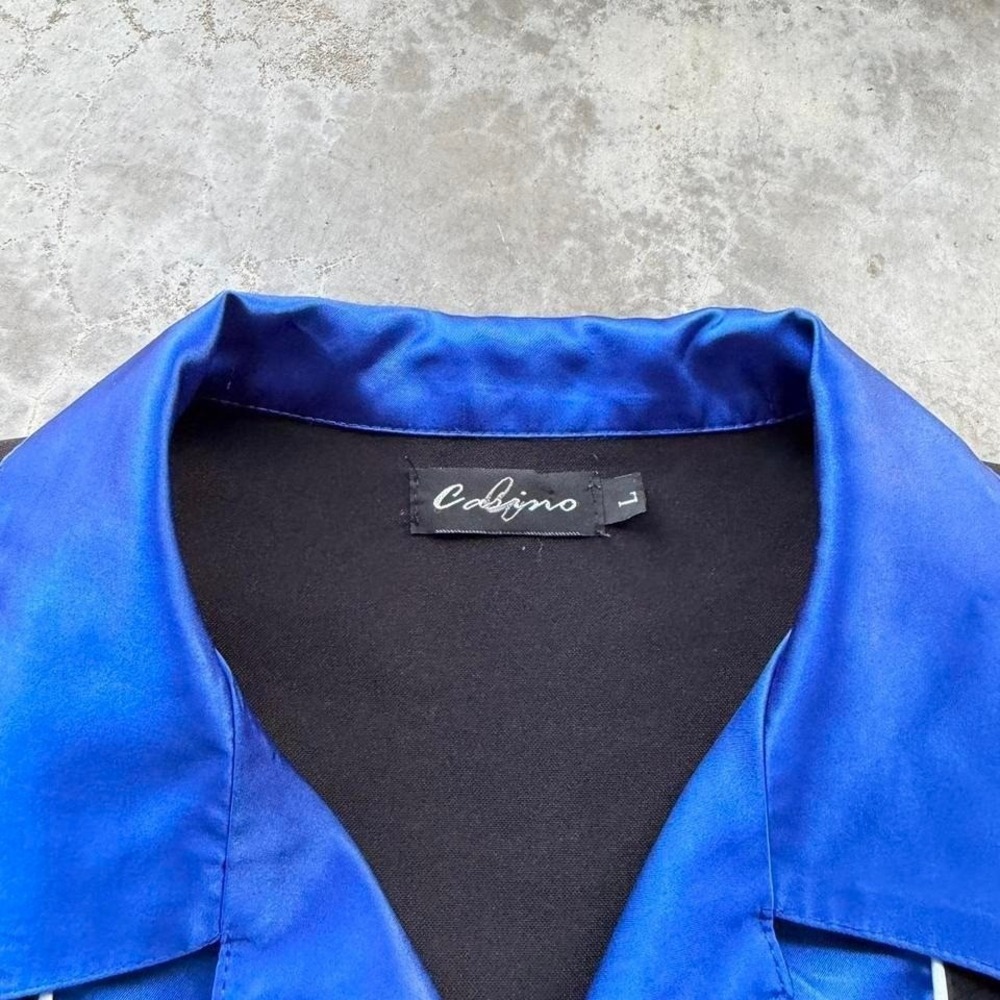 Vintage 90's Satin blue polyester black camo collar button up bowling shirt - Picture 3 of 5
